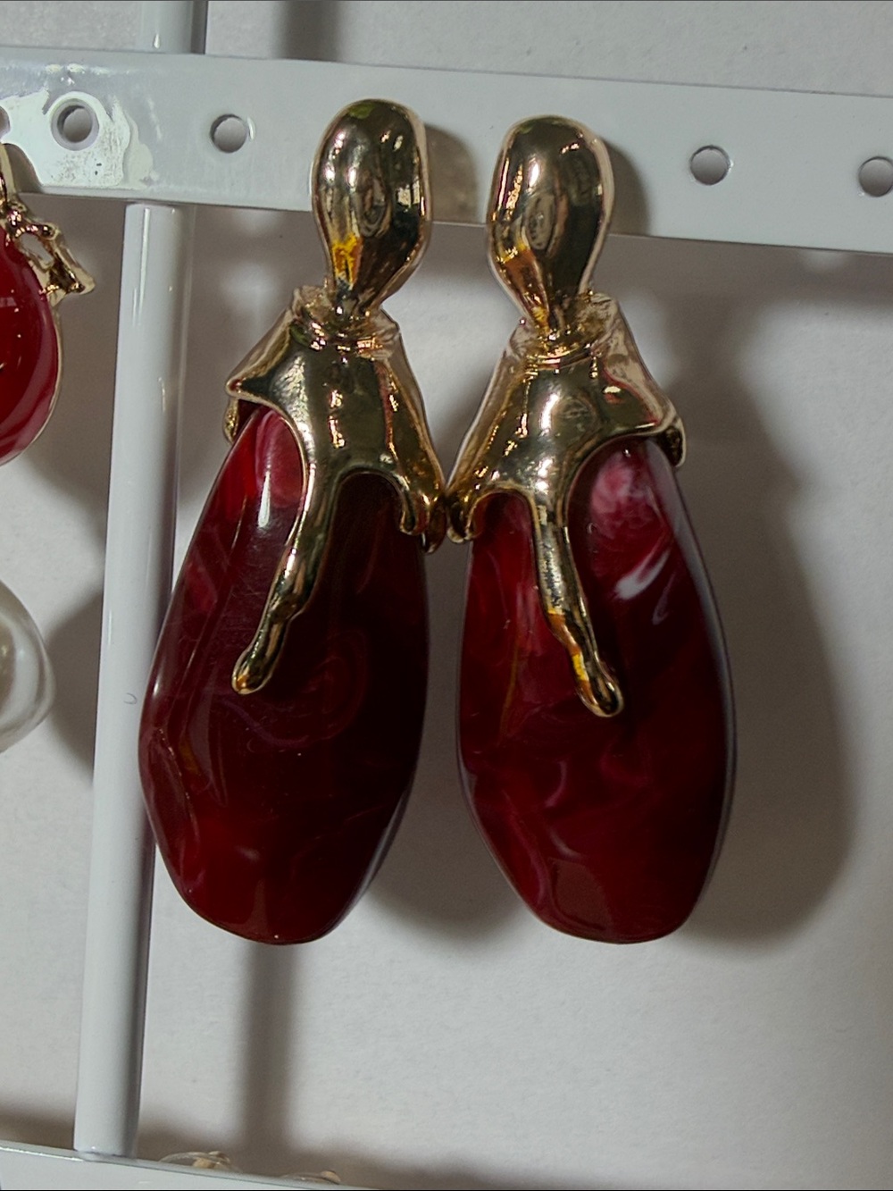 Gold and Deep Red Drop Earrings - Elegant Women's Jewelry